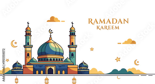 Ramadan Kareem A Beautiful Islamic Mosque Illustration with Decorative Lanterns and Crescent Moon