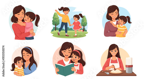 Illustrations of mother-daughter bonding activities joyful play, tender embraces, shared reading, and cooking together, celebrating precious family moments and deep connection