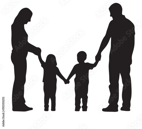 Silhouette of a loving family, parents and two children holding hands, representing unity and togetherness