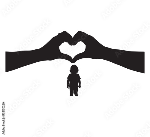 Illustrative silhouette of adult hands forming a loving heart above a child, symbolizing parental care, unwavering protection, and the profound emotional bond within a cherished family