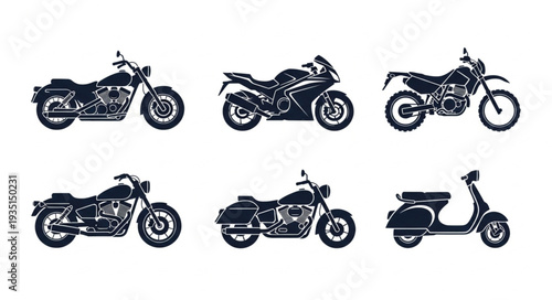 Collection of six different motorcycle and scooter illustrations.