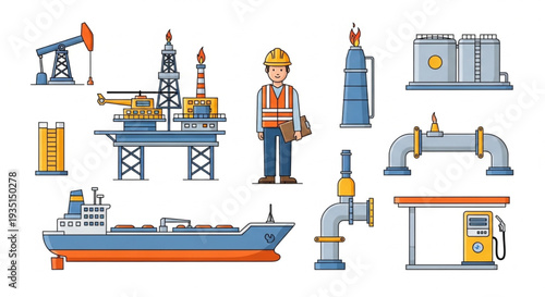 Oil Rig Equipment and Worker Illustration.