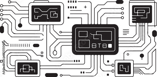 circuit board with microchips and wires on white background
