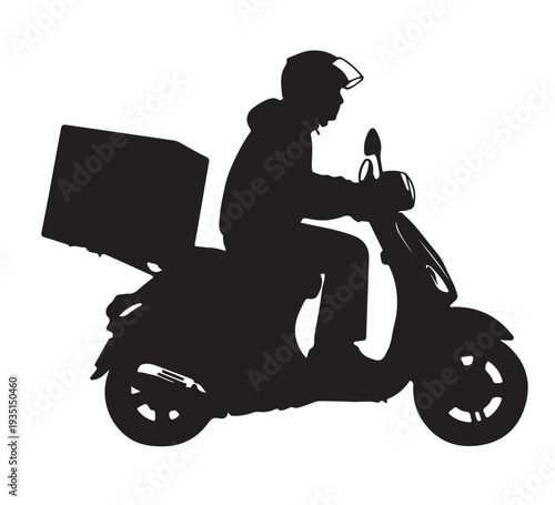 Silhouette of a person on a scooter with a delivery box, symbolizing rapid urban delivery and efficient logistics
