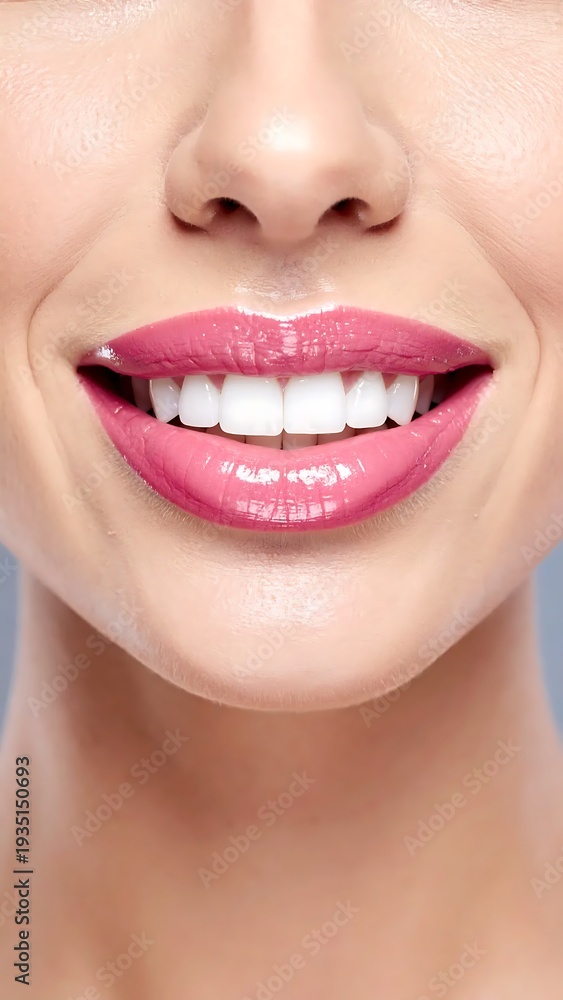 Fototapeta premium A woman's smile showing pink lips and white teeth