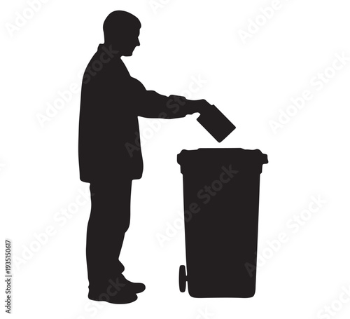 Silhouette depicting a person responsibly disposing of waste into a garbage bin, emphasizing cleanliness, environmental awareness, and proper refuse management practices