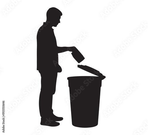 A silhouette of a person responsibly disposing of waste into a trash can, highlighting the importance of proper garbage management and environmental cleanliness for a sustainable future