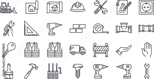Construction and Tools Icon Set, Including Equipment, Safety, and Building Symbols for Industry, Engineering, and Manual Work Graphics