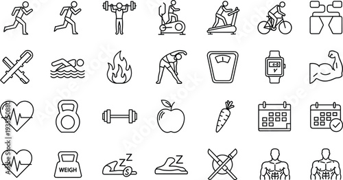 Fitness and Health Icon Set with Exercise, Nutrition, and Wellness Symbols for Physical Activity, Workout, and Healthy Lifestyle Graphics