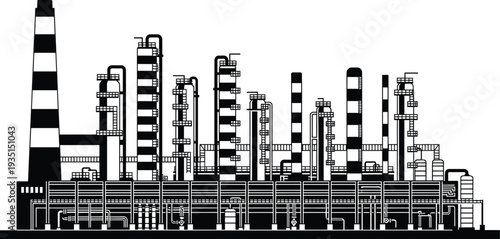 Black and white silhouette vector graphic illustration of an industrial oil refinery factory plant with pipes and tall smoke stacks