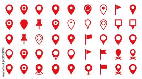 Set of Red Map Pins, Location Markers, Navigation Icons, Flags, and Pushpins for GPS & Geo-location