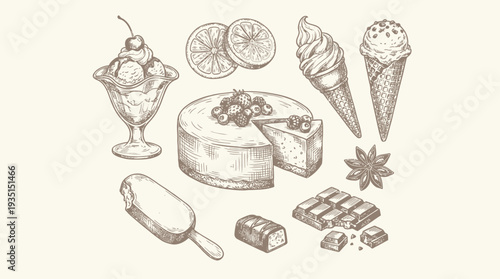 Hand-drawn Desserts & Sweet Treats Collection: Ice Cream, Cheesecake, Chocolate - Vintage Sketch Engraving Style