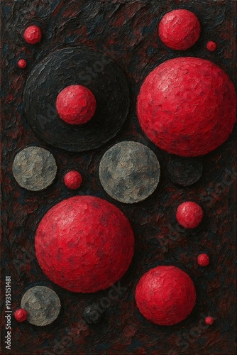 Bold impasto art showing vibrant red spheres and grey circles on a dark textured background with high relief palette knife techniques and cosmic energy vibes
