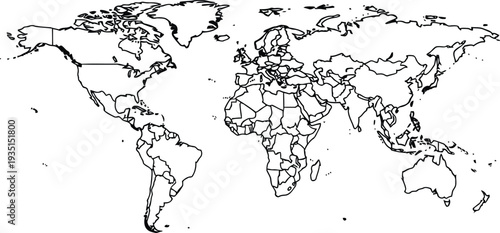 World map with political borders and countries outline art