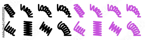 Whimsical hand-drawn spring shapes in black and purple against a white background
