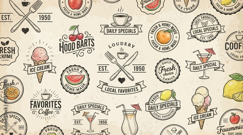 Vintage Food and Drink Seamless Pattern with Retro Restaurant Badges, Cafe Labels, and Hand-Drawn Menu Icons