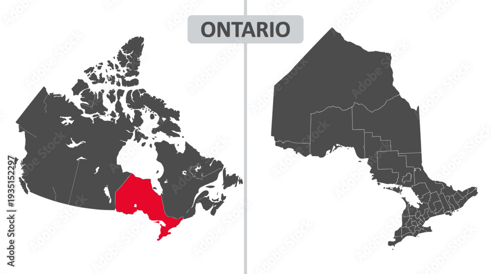 Obraz premium Ontario Map: Highlighted Province in Canada with Detailed Administrative Divisions