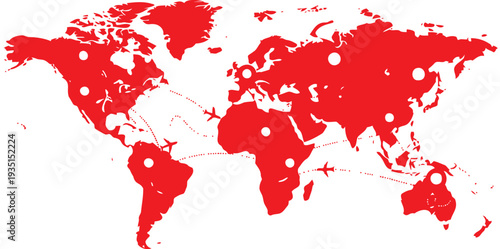 Red world map with flight paths and location mark icons set