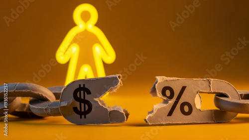 A glowing neon figure oversees a broken chain, symbolizing the release from financial debt, burdensome interest rates, and economic constraints