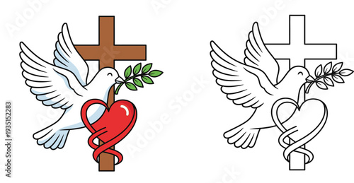Christian Symbols: Dove, Cross, Heart, and Olive Branch - Peace and Love Vector