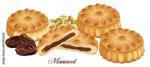 Pistachio and Date Filled Maamoul Cookies Vector Illustration, Traditional Middle Eastern Semolina Biscuits with Nuts and Dried Fruits for Eid, Ramadan, and Easter Celebrations.