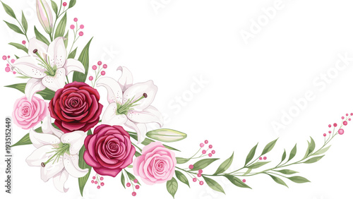 Elegant floral bouquet corner with roses and lilies, romantic botanical flower arrangement with green leaves for wedding invitation design