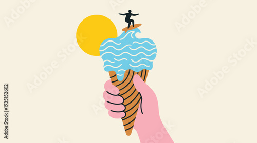 Surfing on Ice Cream Cone with Sun: Playful Summer Vacation Concept Illustration