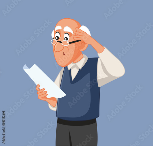 Surprised Senior Man Looking At A Large Unexpected Bill Document.  Shocked elderly gentleman examines an expensive invoice during a flat design vector illustration 
