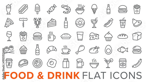 Diverse Food & Drink Flat Line Icons Set for Restaurant Menus, Web, and Apps