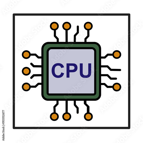 Vector illustration of CPU chip icon with pins and circuits. Perfect for IT, technology, and digital design themes.