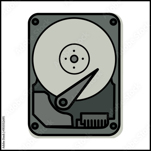 Vector illustration of hard disk drive with platter, actuator arm, and connector. Perfect for IT, technology, hardware, and digital design themes.