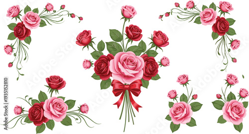 Romantic rose floral bouquet collection with pink and red flowers, botanical decoration set for wedding invitation greeting card design