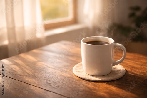 Warm sunlight bathes a wooden table