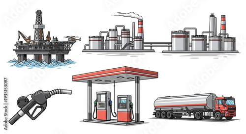 Oil rig refinery gas station and tanker truck collection.
