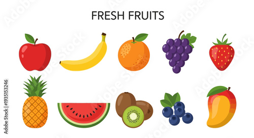 Ten cartoon illustrations of various fresh fruits displayed on a white background