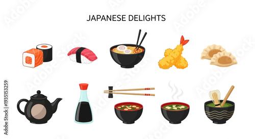 An array of Japanese food items and related utensils displayed against a white background