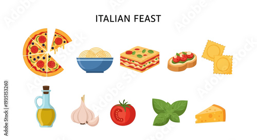 Italian feast ingredients and dishes illustrated in rows on a white background