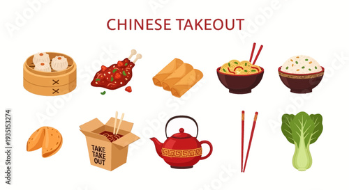 Assortment of Chinese takeout food items and related objects on a white background