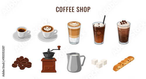 An illustration featuring coffee shop items cups of coffee iced drinks beans grinder pitcher sugar and biscotti