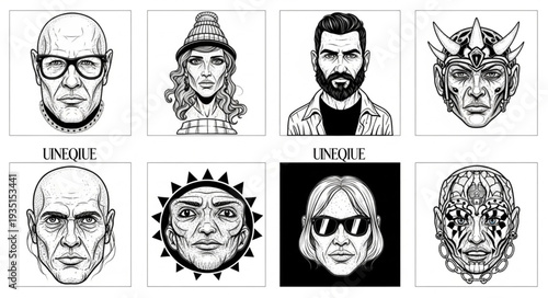 Intricate black and white portraits of diverse individuals, artistic illustrations.