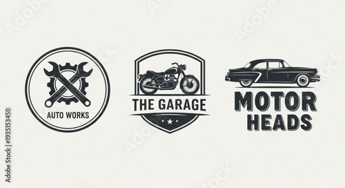 Vintage Automotive Garage and Motorhead Logos Set.