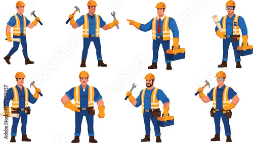 Construction Worker Character Set with Tools, Safety Helmet, Toolbox and Uniform Cartoon Vector Illustration for Builder and Engineering Projects