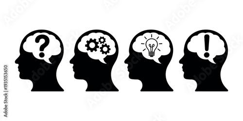Four black silhouettes of human heads with thought bubbles containing a question mark gears light bulb and exclamation mark