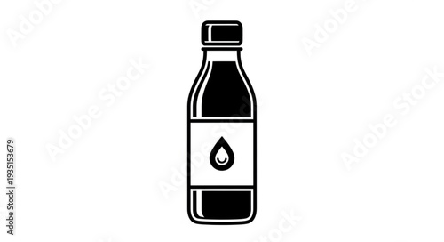 Bottle of dark liquid with a label and a drop symbol, isolated.