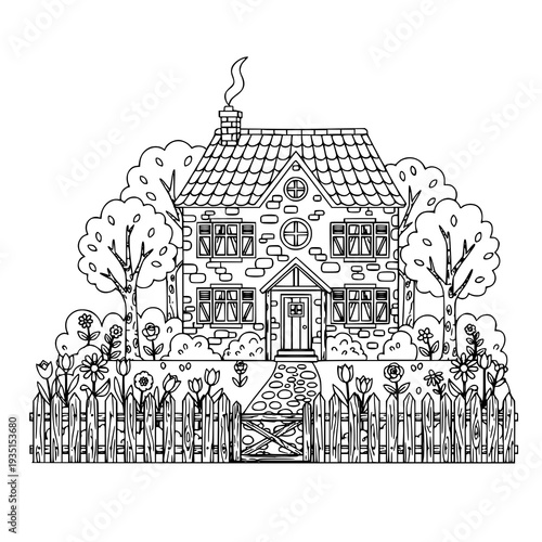 Fabulous Country House in Garden Children Coloring Book Vector Illustration