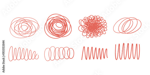 Red scribble shapes and squiggles on white background lines
