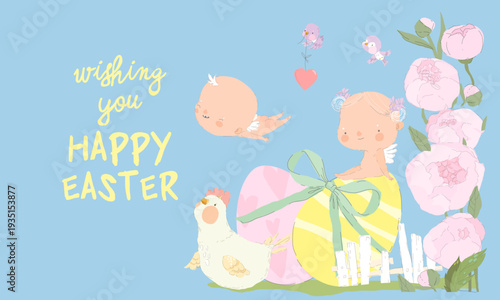 Card for Easter Day with Little Cartoon Angels and Ester Eggs