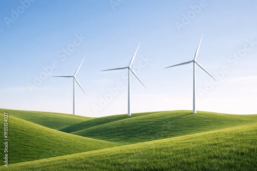 Three wind turbines stand tall on green hills