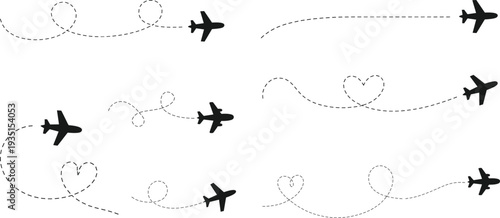 Airplane Route Icon Set with Dotted Flight Path Lines, Curved Twisted and Heart Shape Dashed Traces, Flying Plane Travel Symbol Vector Illustration Isolated Collection