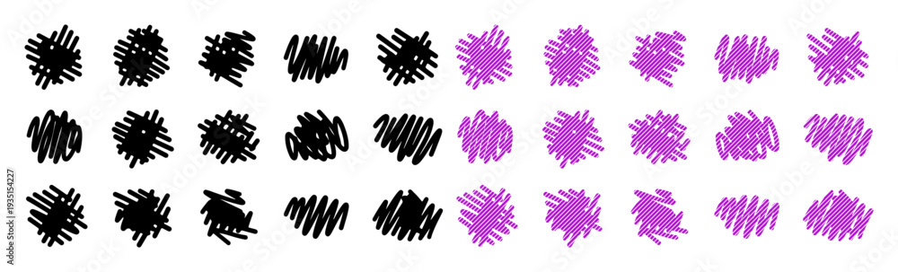 Obraz premium Rows of scribbled marks, half black and half purple, creating a visual pattern.
